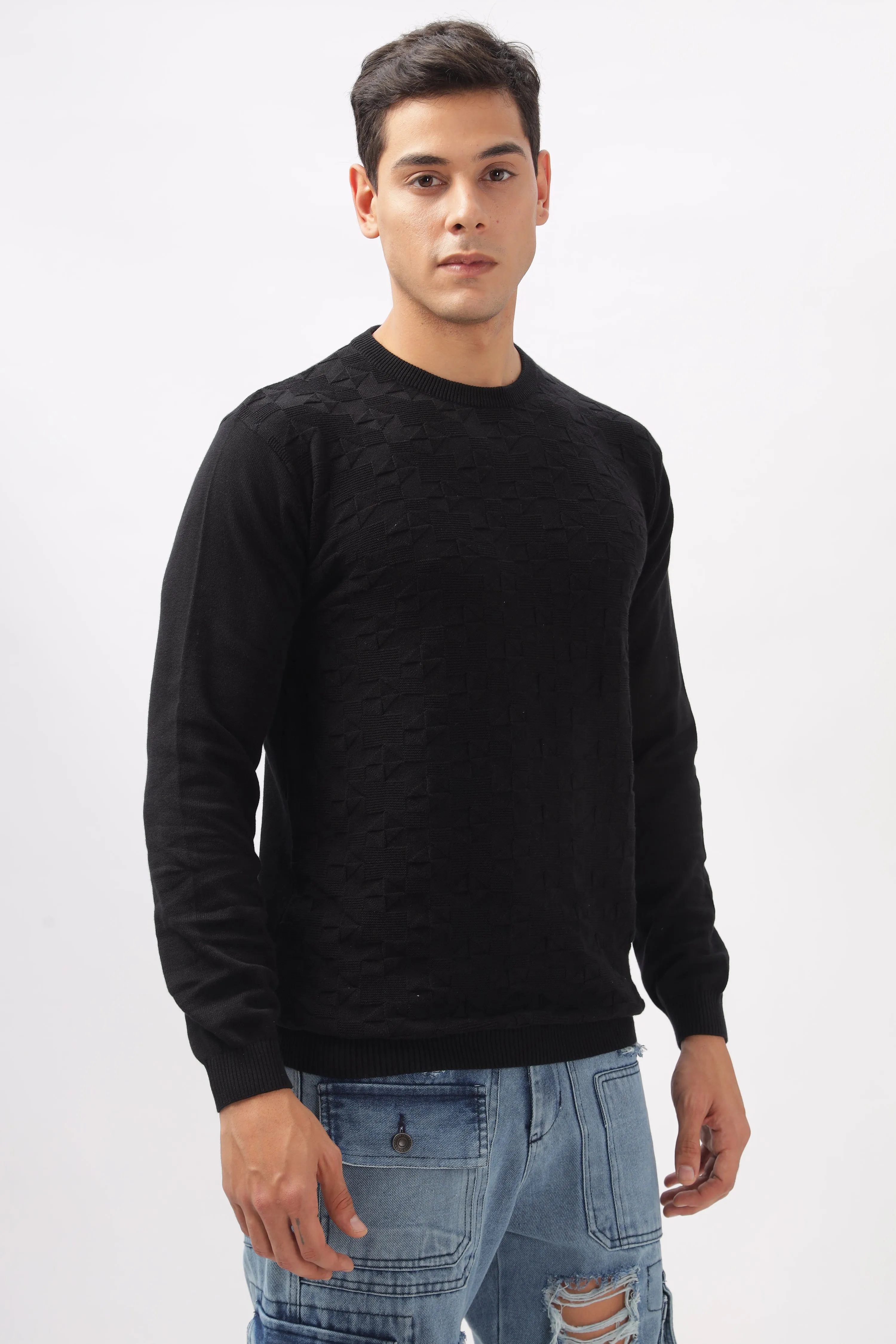 Geometric Knitted Black Full-Sleeve T-Shirt