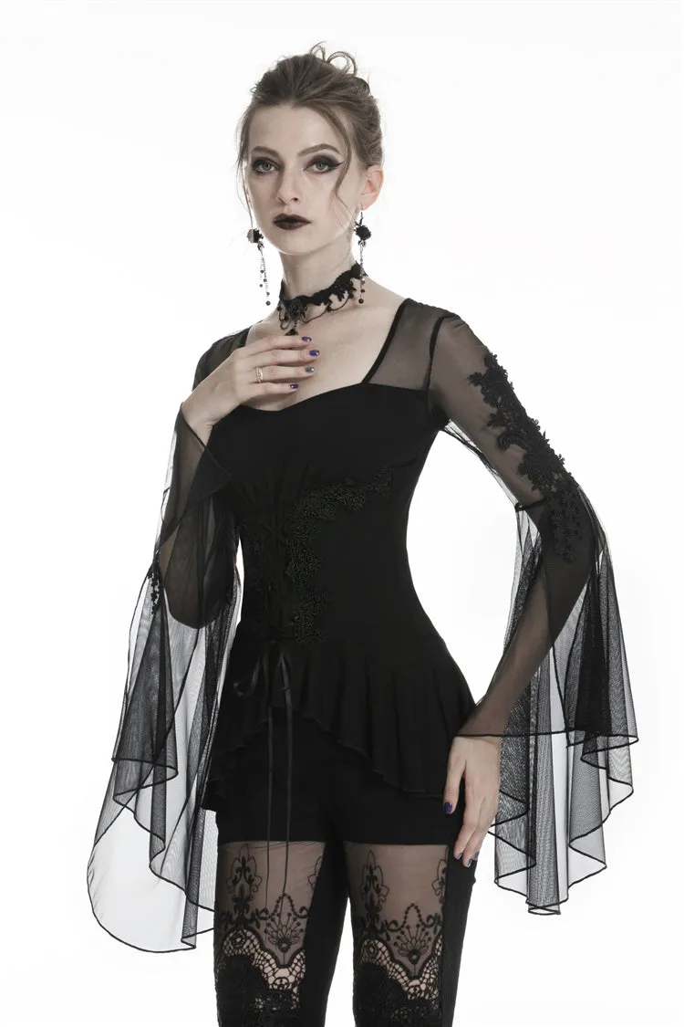 Gothic lace up T-shirt with big mesh flower sleeves TW219