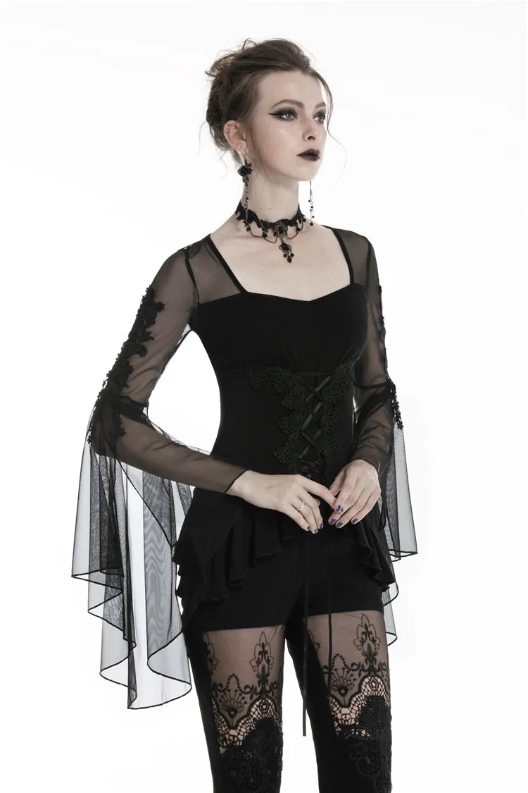 Gothic lace up T-shirt with big mesh flower sleeves TW219