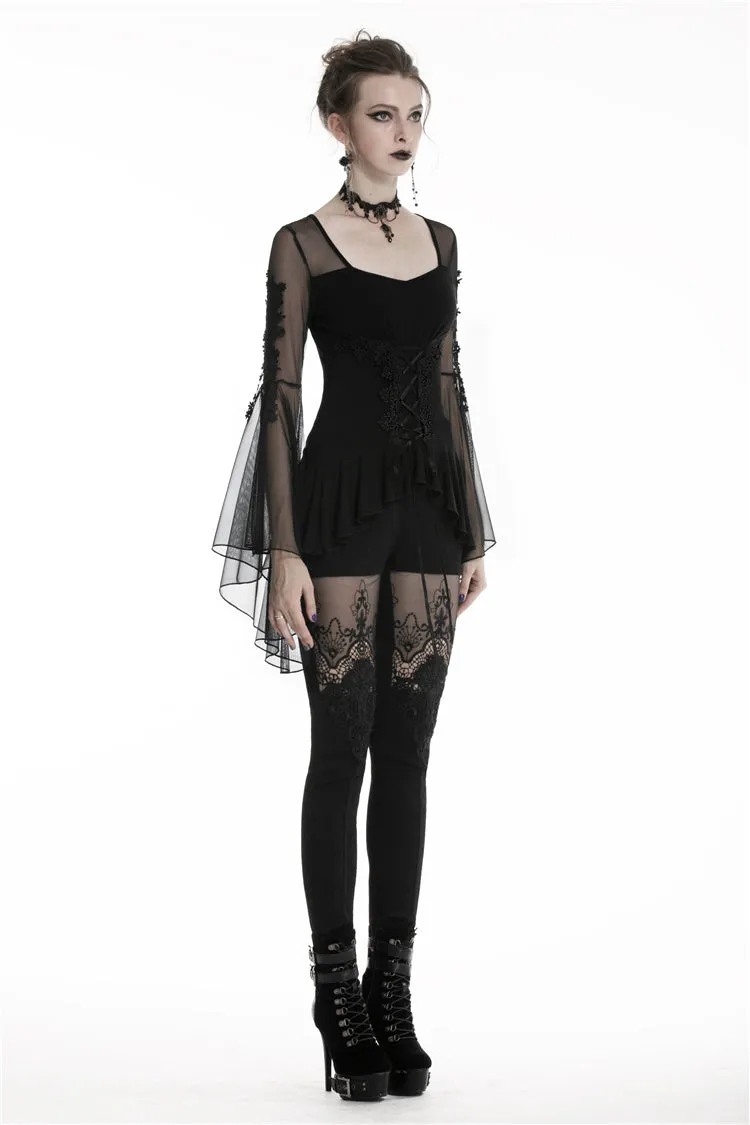 Gothic lace up T-shirt with big mesh flower sleeves TW219