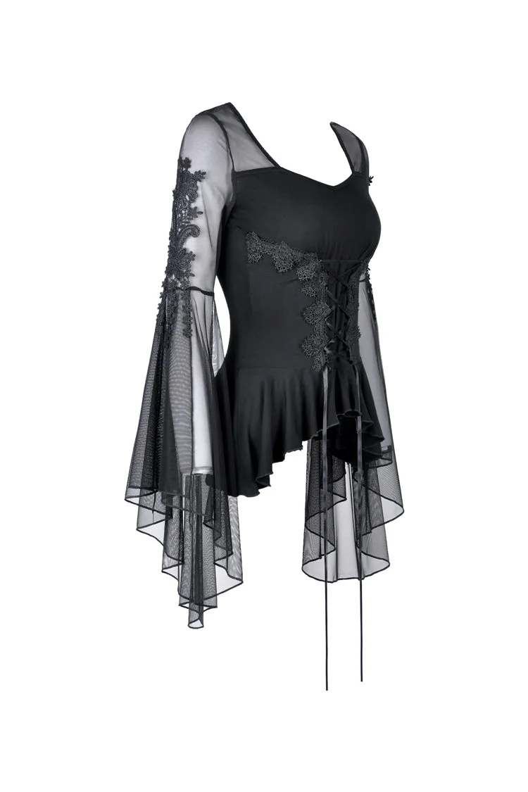 Gothic lace up T-shirt with big mesh flower sleeves TW219