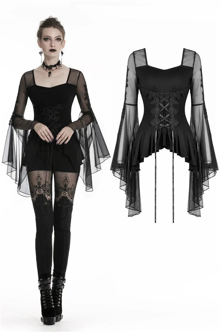 Gothic lace up T-shirt with big mesh flower sleeves TW219