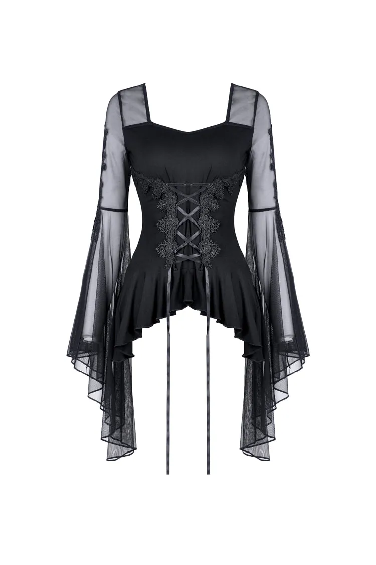 Gothic lace up T-shirt with big mesh flower sleeves TW219