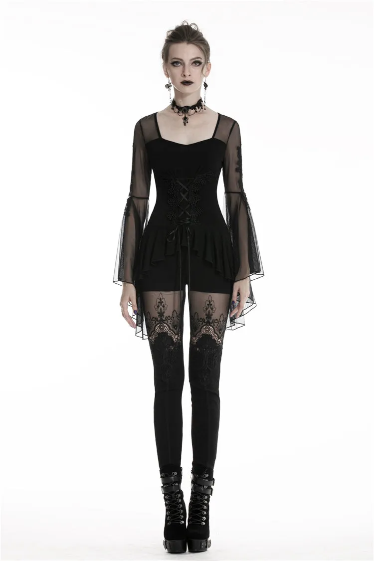 Gothic lace up T-shirt with big mesh flower sleeves TW219