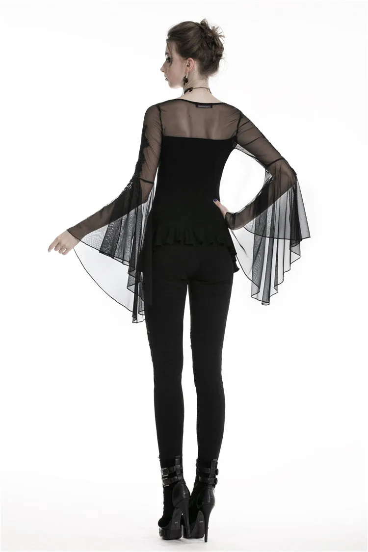 Gothic lace up T-shirt with big mesh flower sleeves TW219