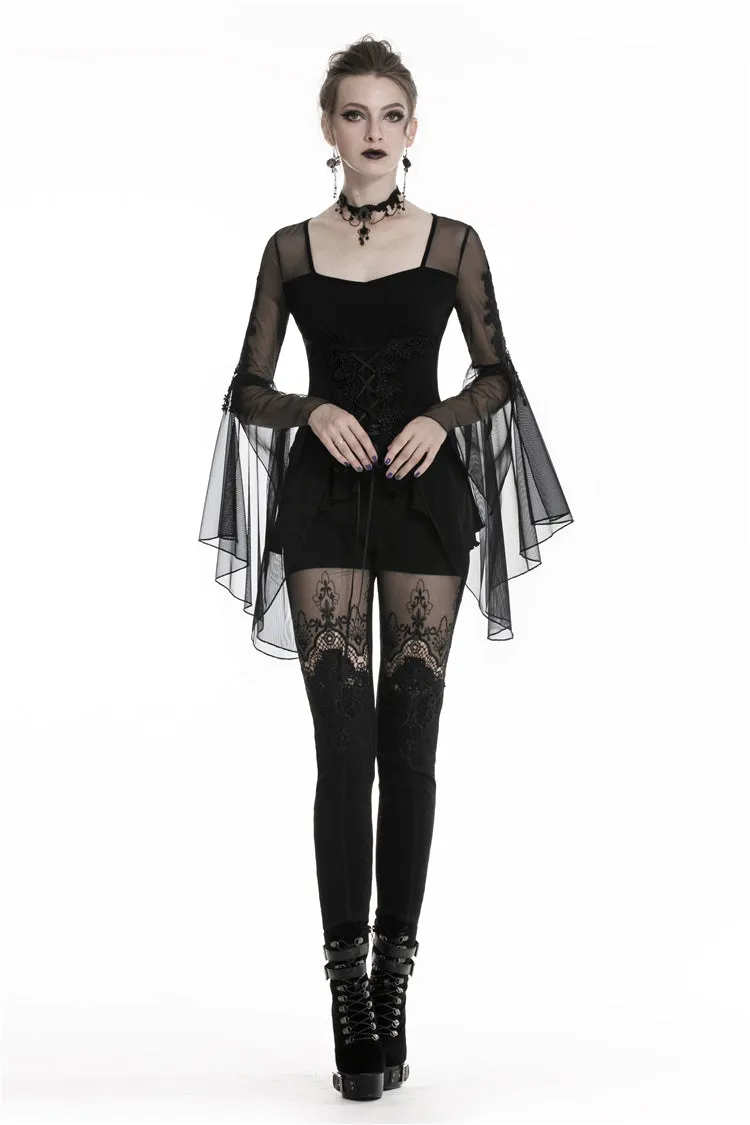 Gothic lace up T-shirt with big mesh flower sleeves TW219