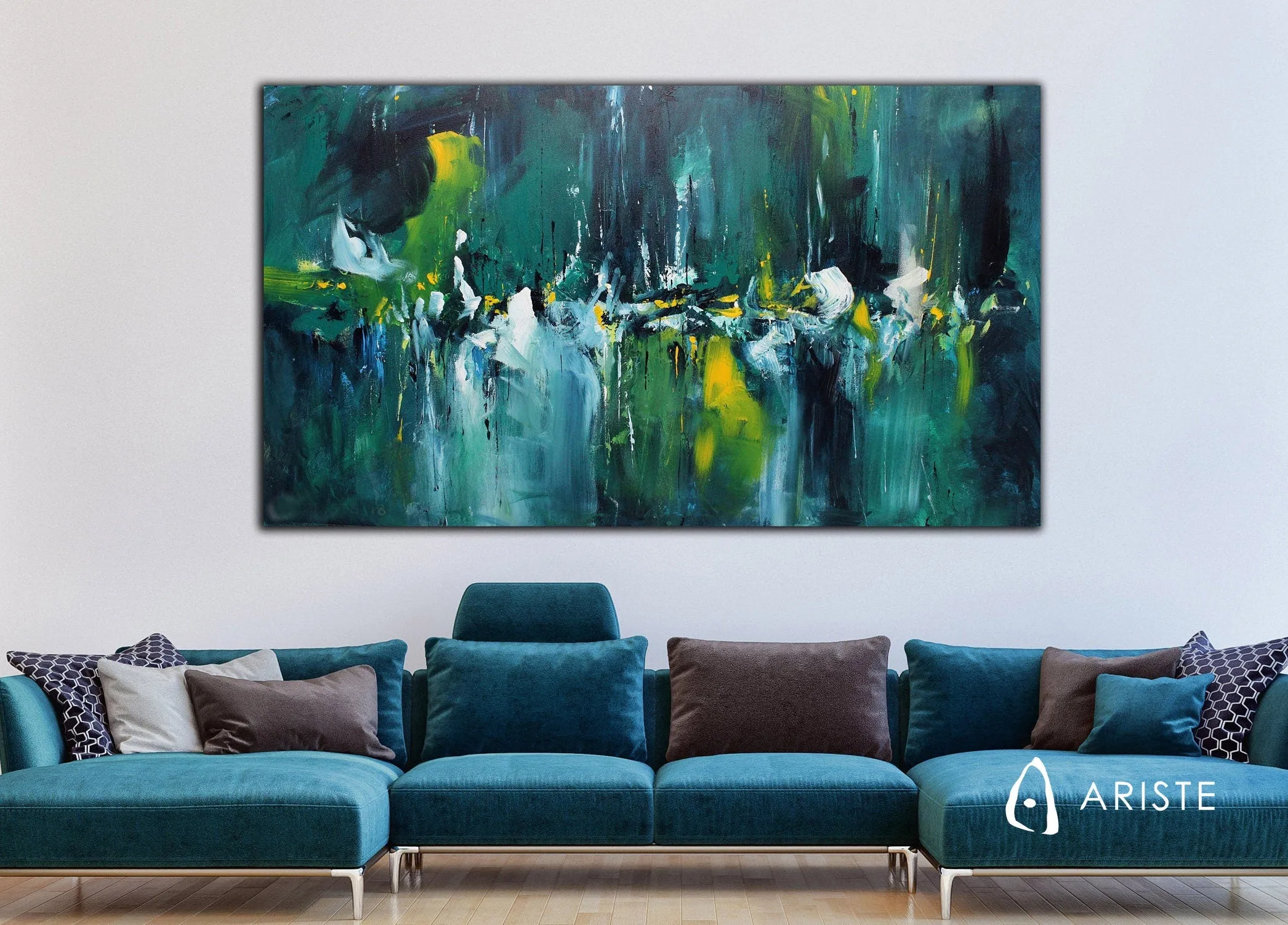 Green, white & yellow abstract oversize wall art made to order in a custom size