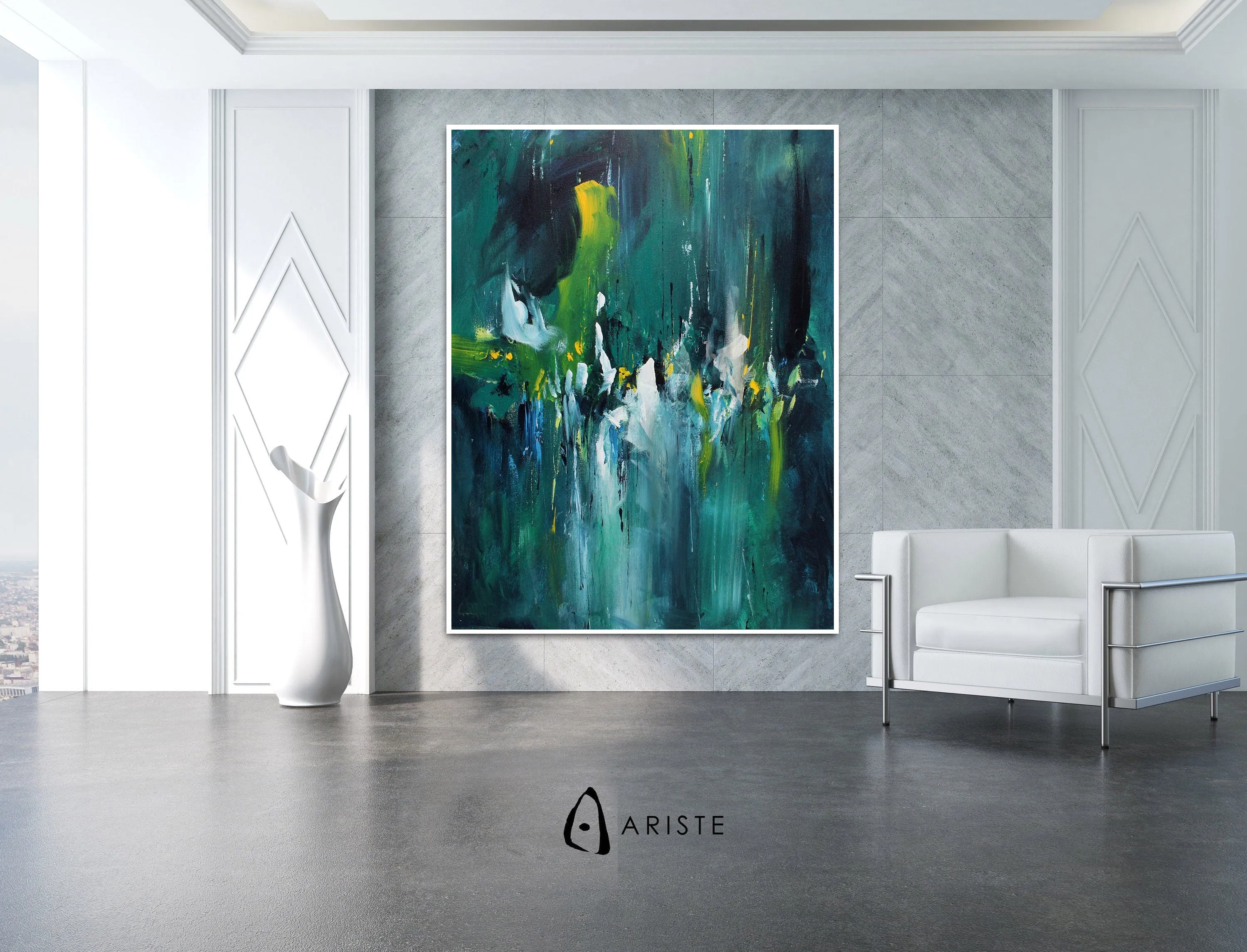 Green, white & yellow abstract oversize wall art made to order in a custom size