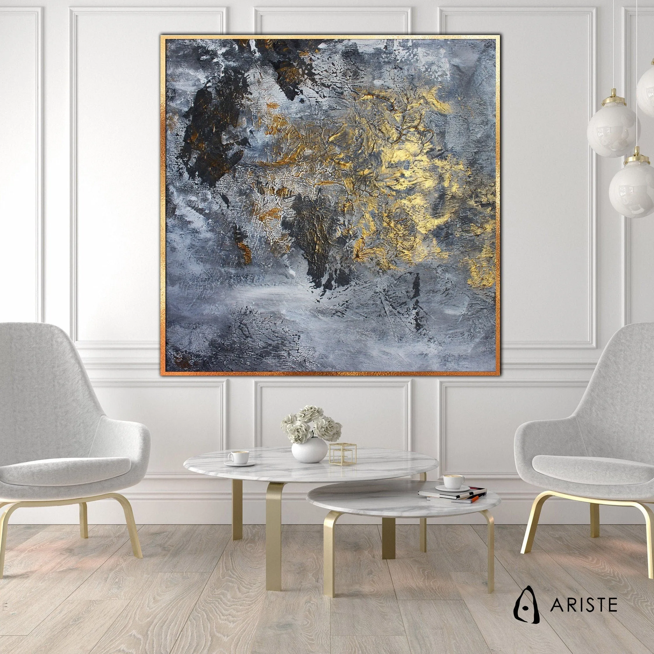 Grey & gold extra large abstract wall art made to order in a custom size