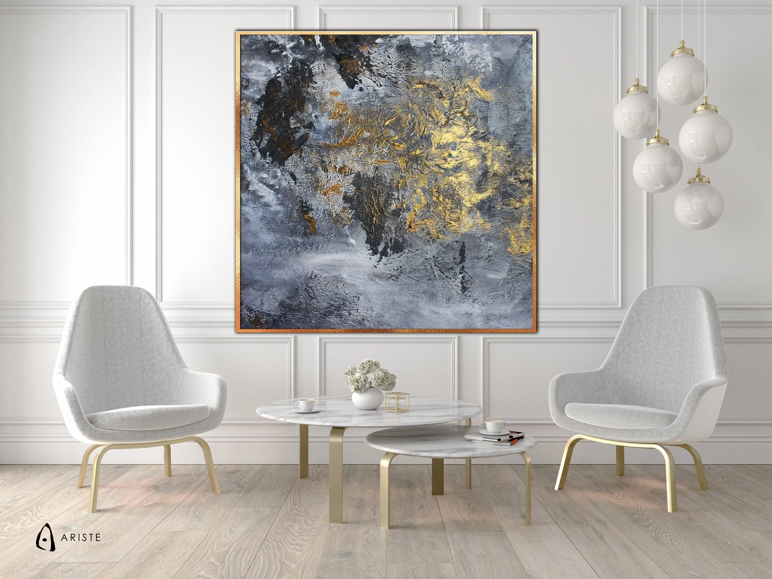 Grey & gold extra large abstract wall art made to order in a custom size