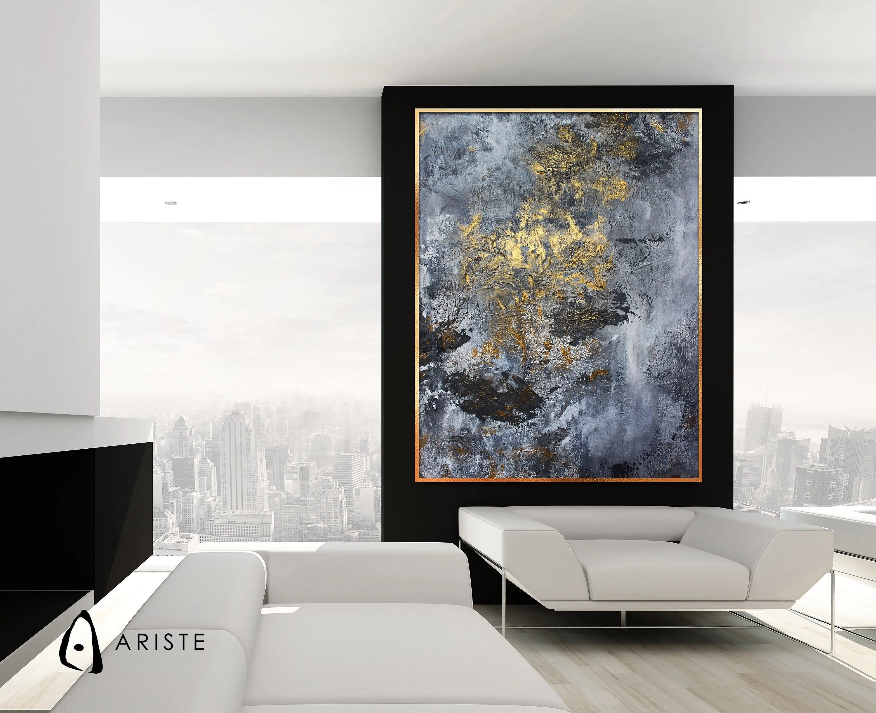 Grey & gold extra large abstract wall art made to order in a custom size