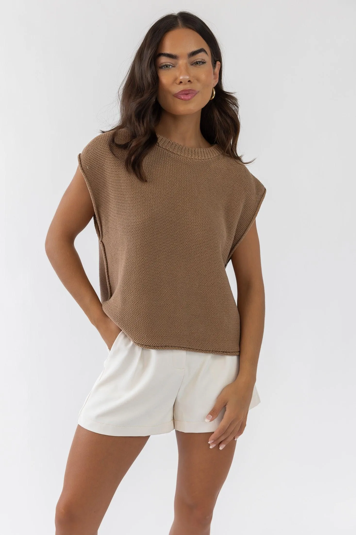 Knox Tan Exposed Hem Sweater