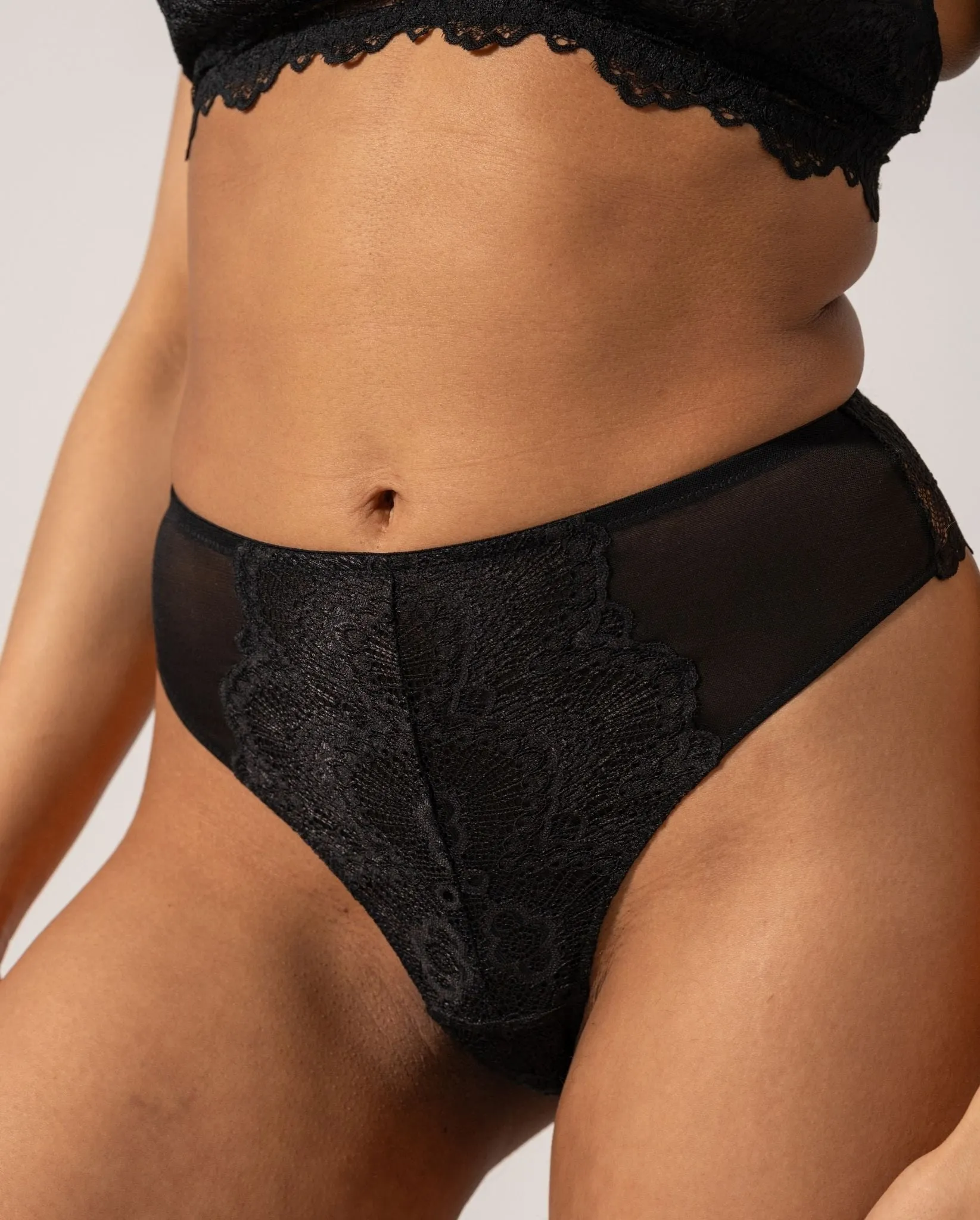 Lace Mesh High Cut Thong Black