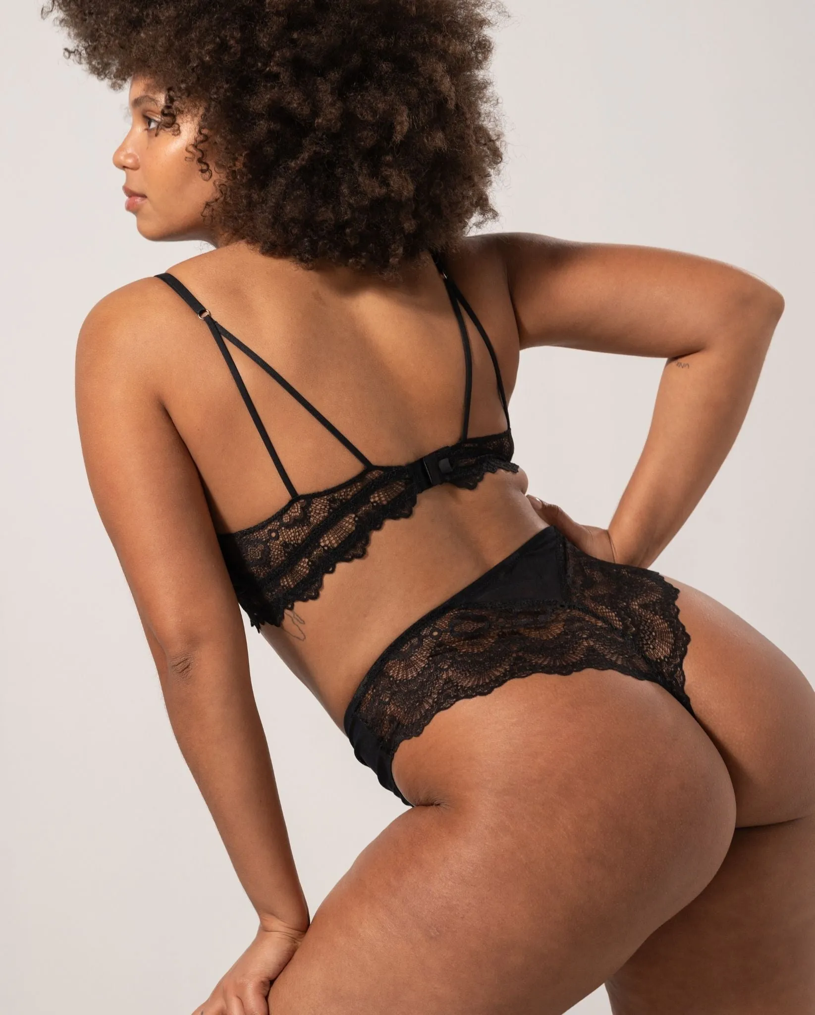 Lace Mesh High Cut Thong Black