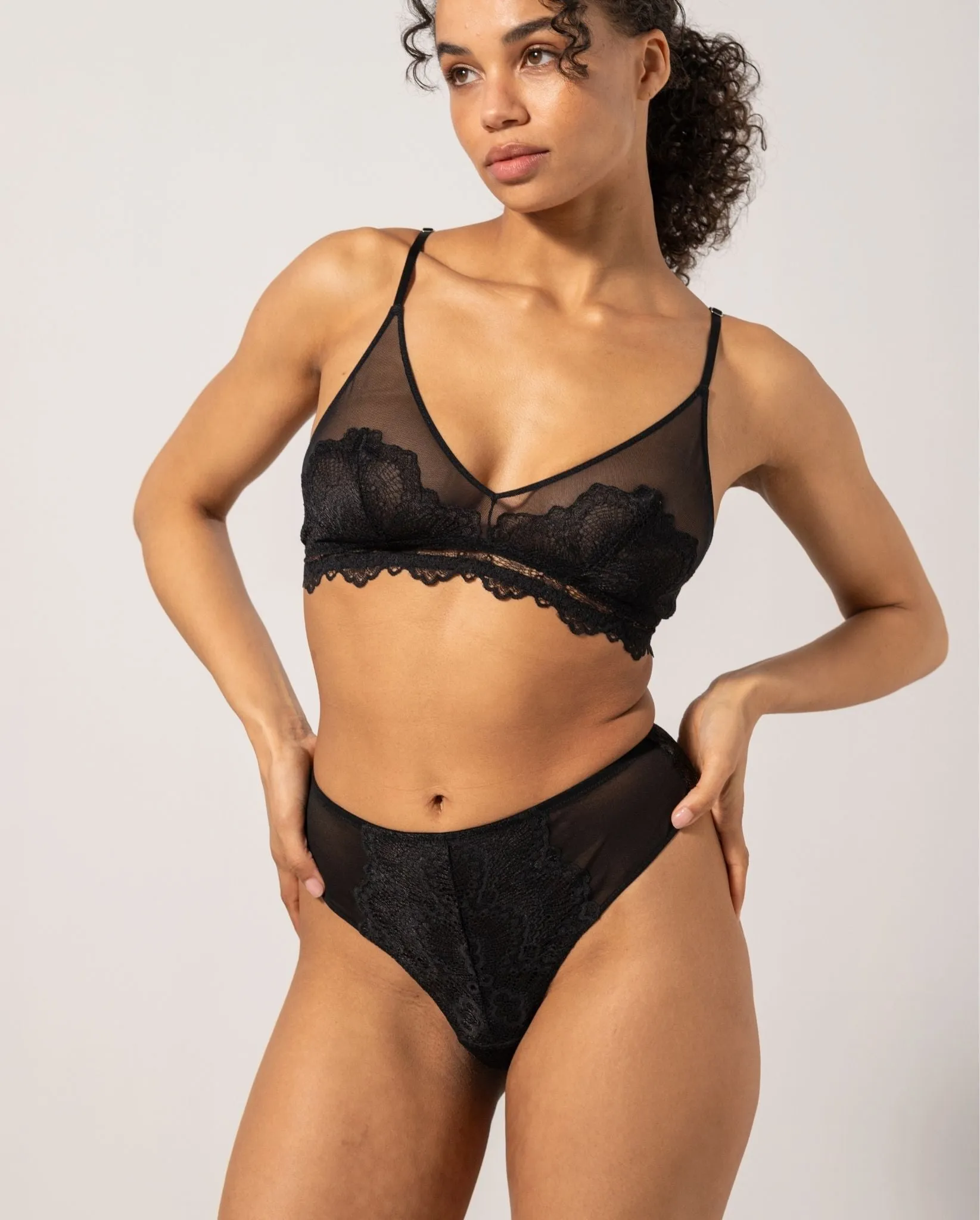 Lace Mesh High Cut Thong Black