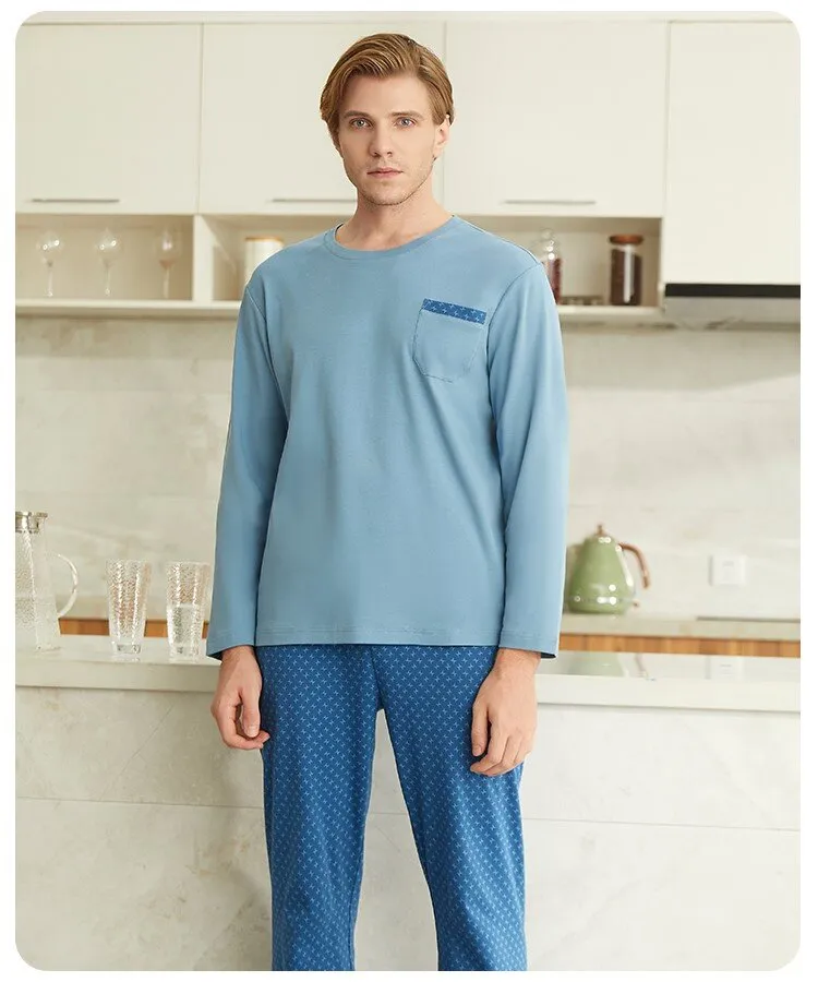 Men's 40S Pure Cotton Long Sleeved Winter Sleepwear Homewear Set