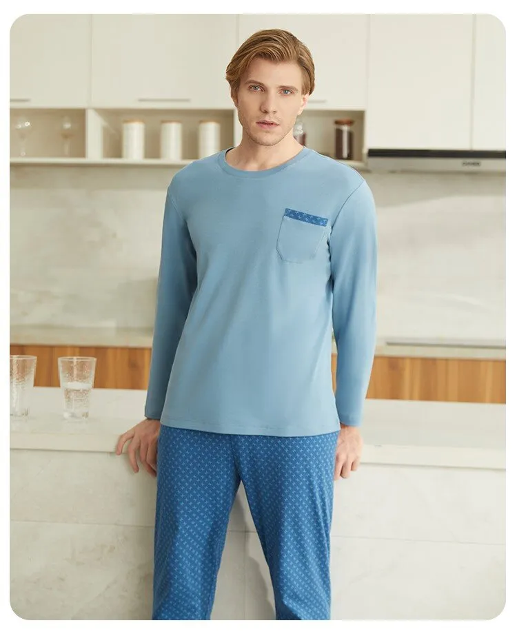 Men's 40S Pure Cotton Long Sleeved Winter Sleepwear Homewear Set