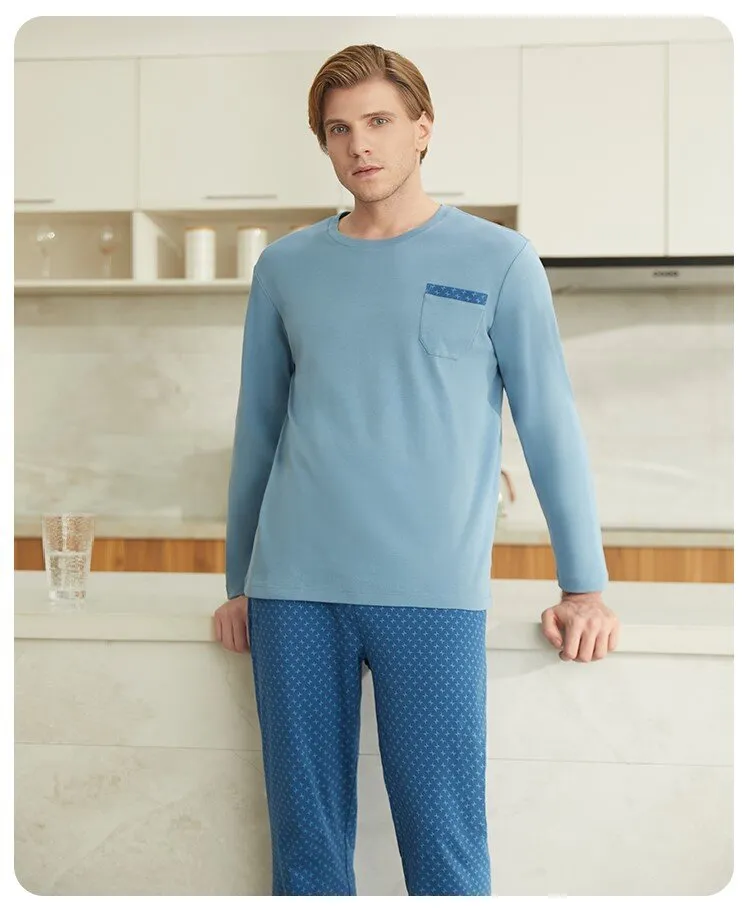 Men's 40S Pure Cotton Long Sleeved Winter Sleepwear Homewear Set