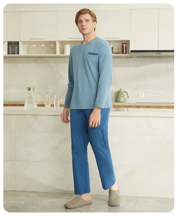 Men's 40S Pure Cotton Long Sleeved Winter Sleepwear Homewear Set