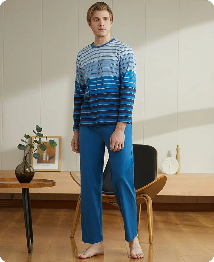 Men's Pure Cotton Striped Long Sleeved Casual Sleepwear Set