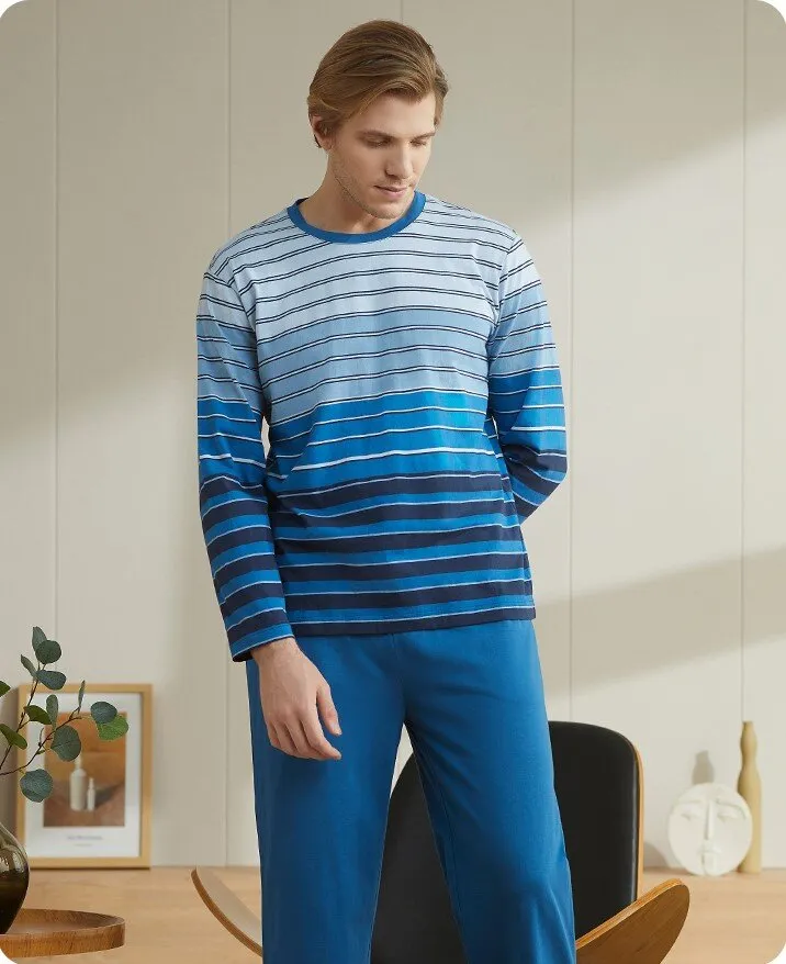 Men's Pure Cotton Striped Long Sleeved Casual Sleepwear Set