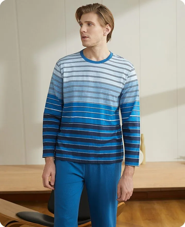 Men's Pure Cotton Striped Long Sleeved Casual Sleepwear Set