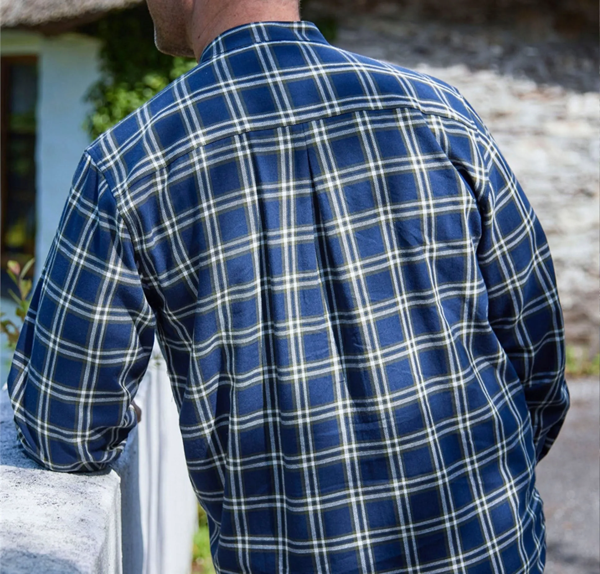 Navy & Green Check Cotton Grandfather Shirt