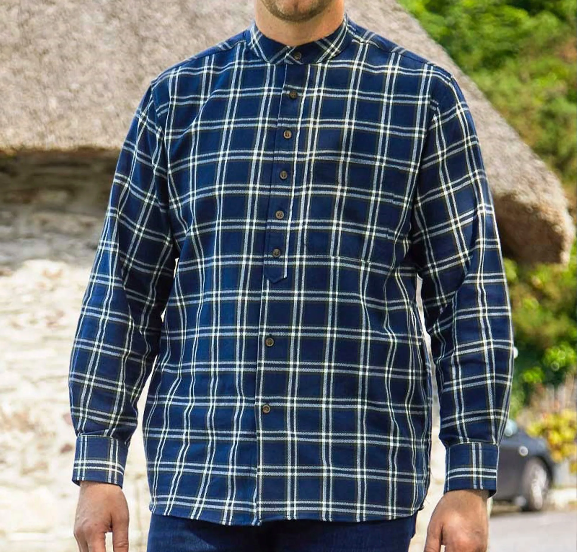 Navy & Green Check Cotton Grandfather Shirt