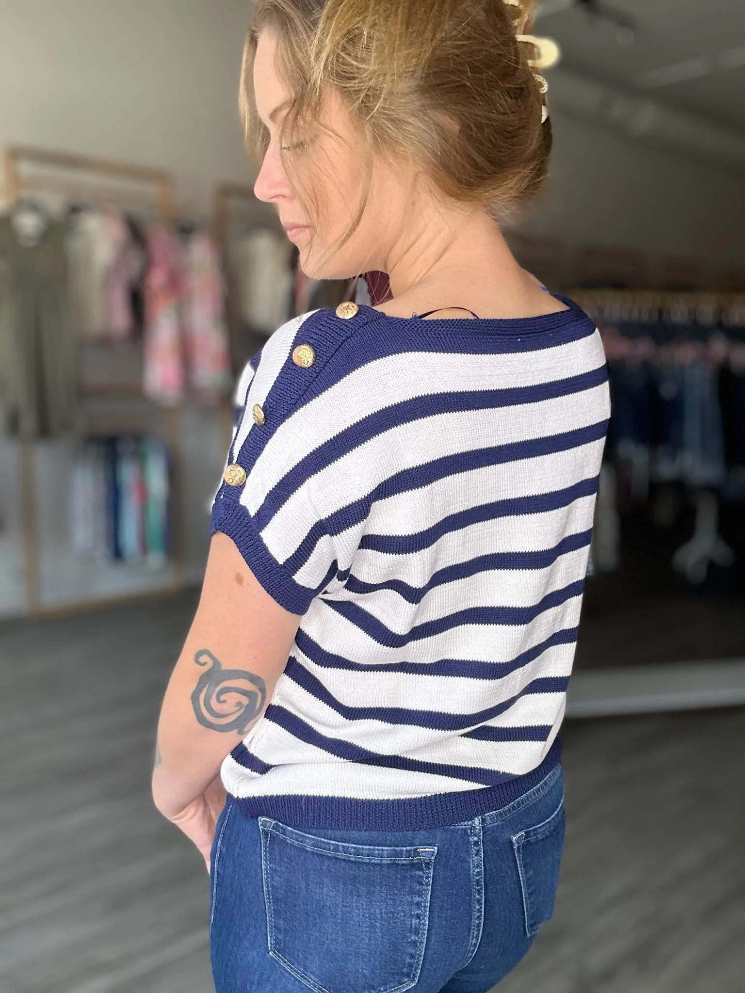 Navy Button Shoulder Top