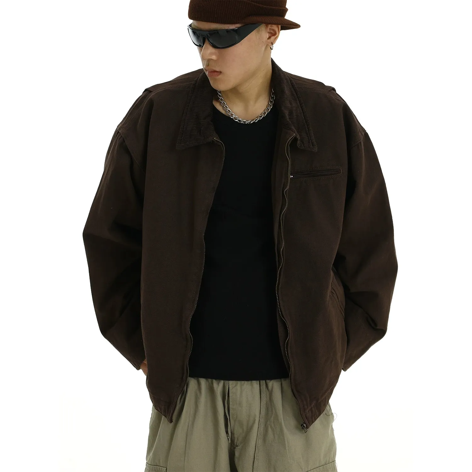 Oversized Corduroy Zip-Up Collared Jacket