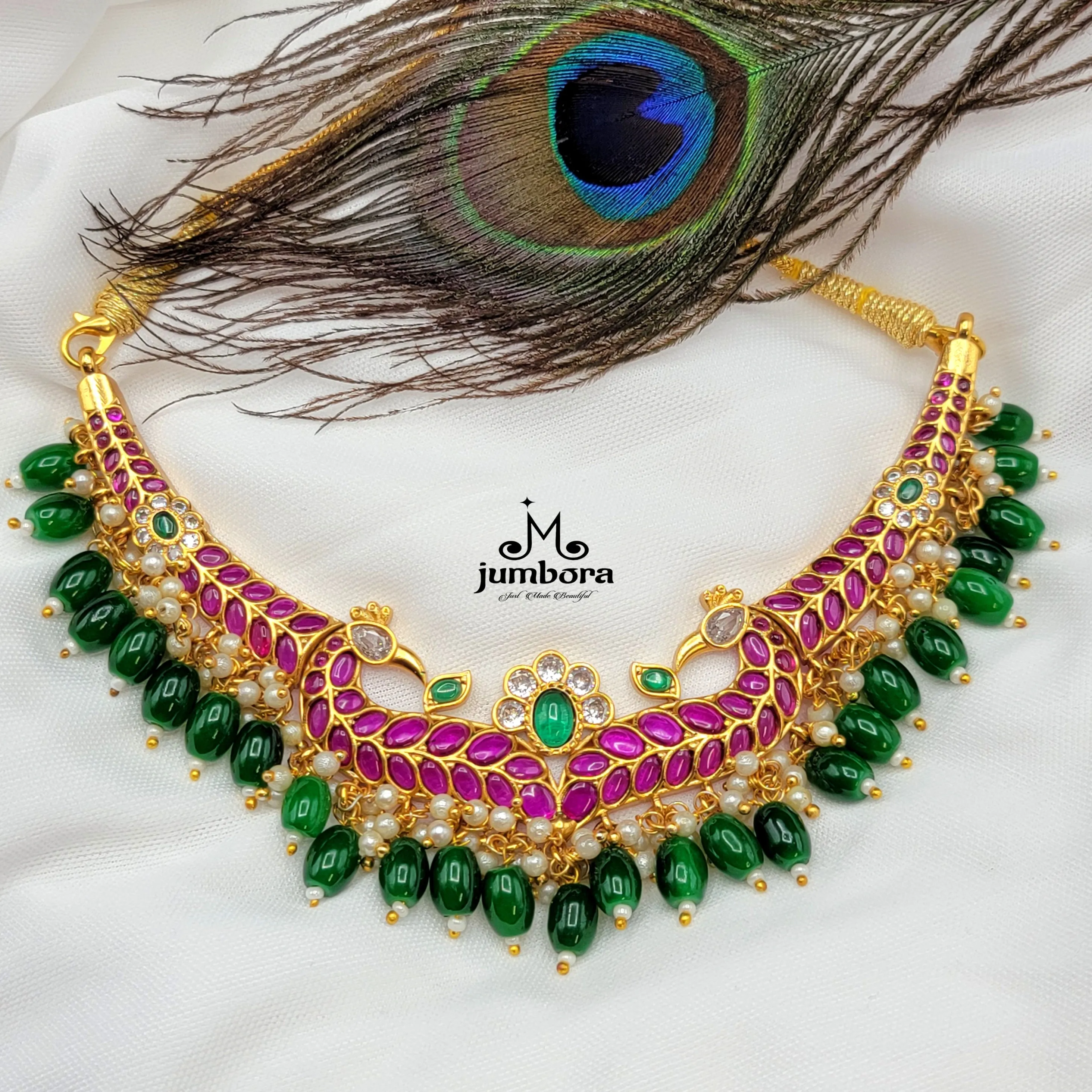 Peacock Red & Green Real Kemp Necklace Choker Set