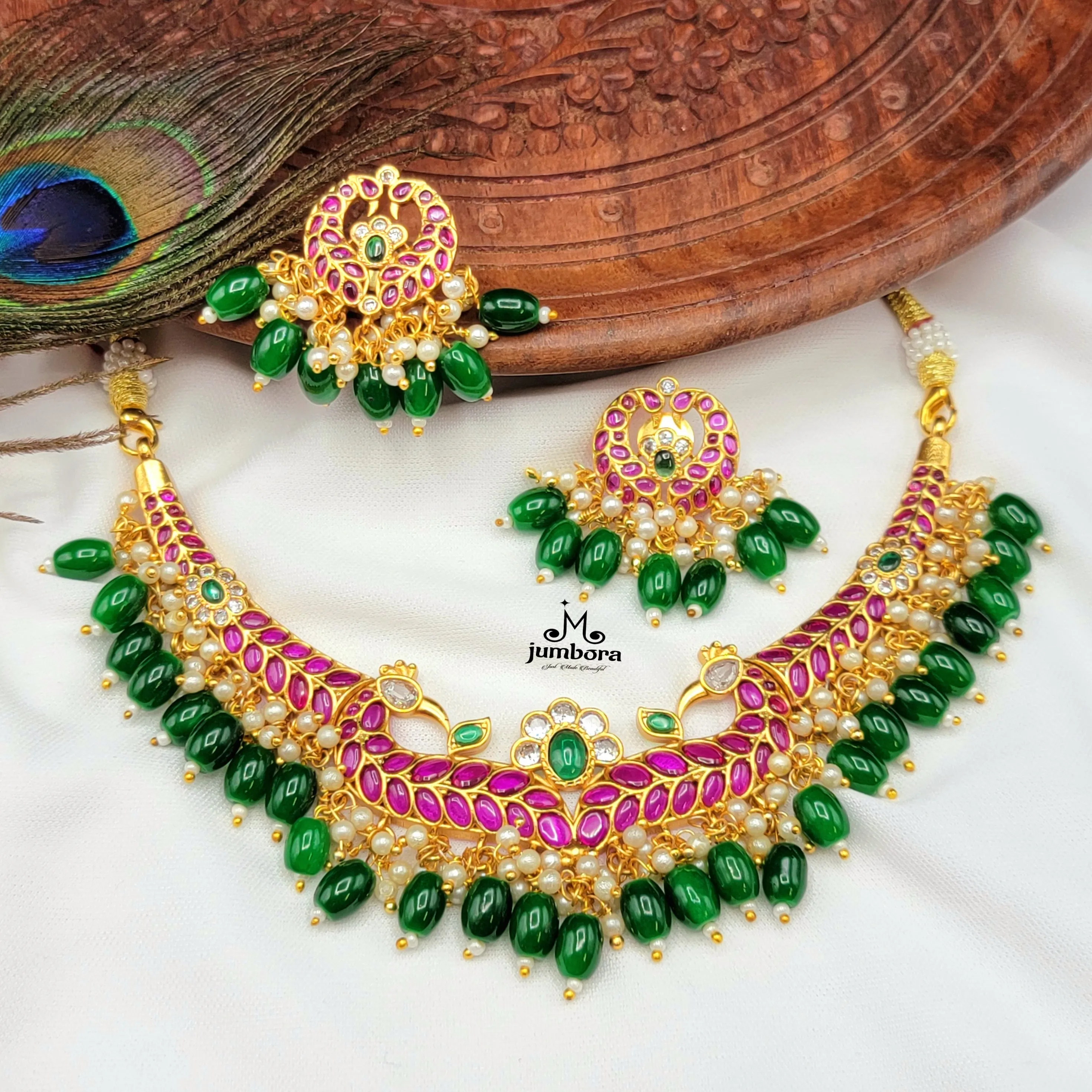 Peacock Red & Green Real Kemp Necklace Choker Set