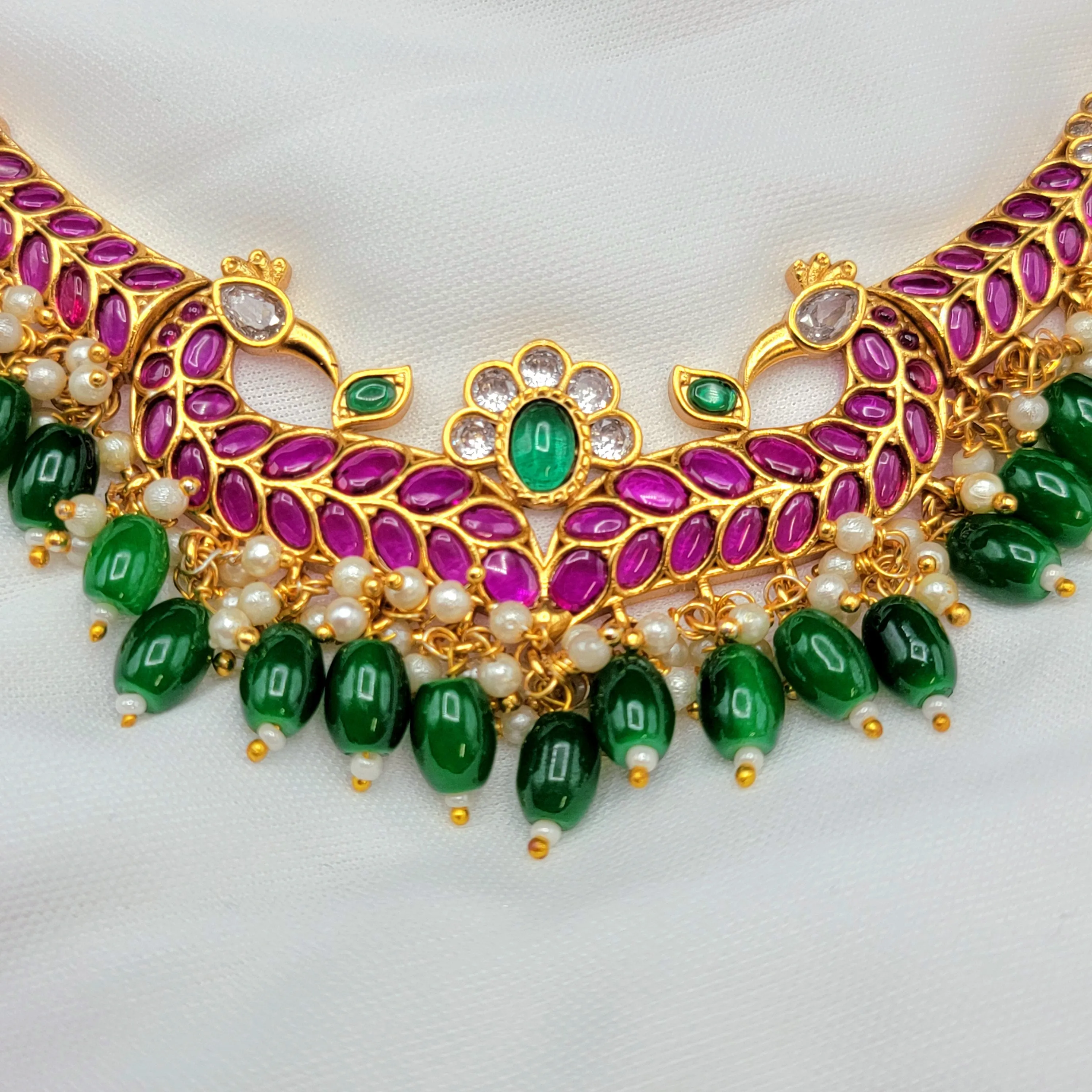 Peacock Red & Green Real Kemp Necklace Choker Set