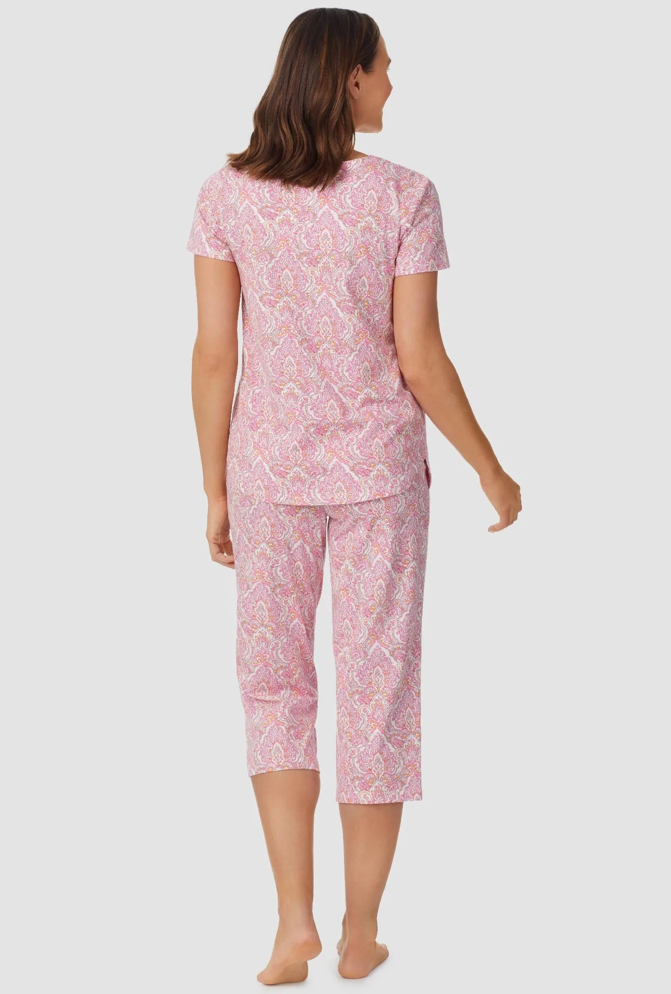 Pink and Grey Damask Short Sleeve Capri Pant PJ Set