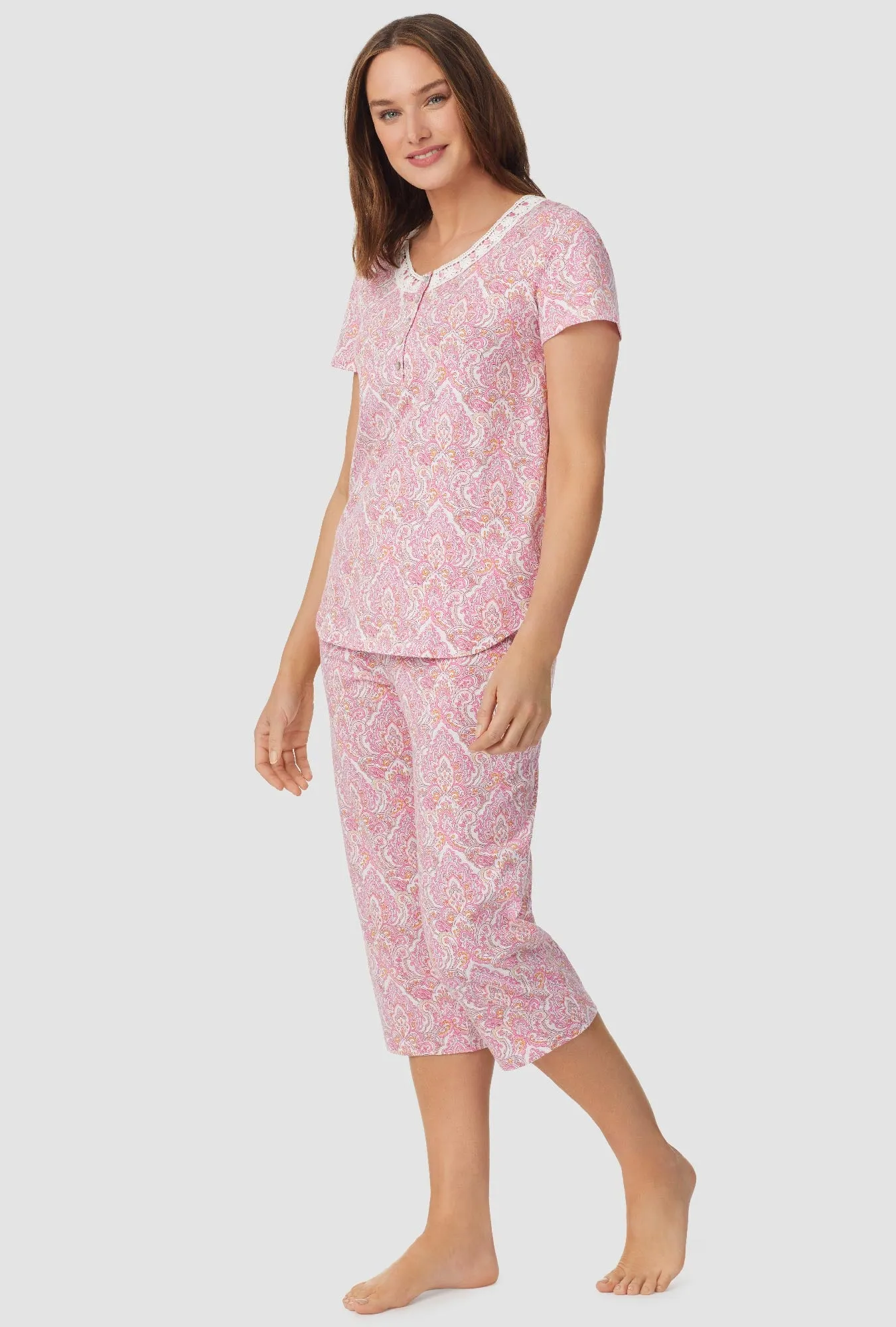 Pink and Grey Damask Short Sleeve Capri Pant PJ Set