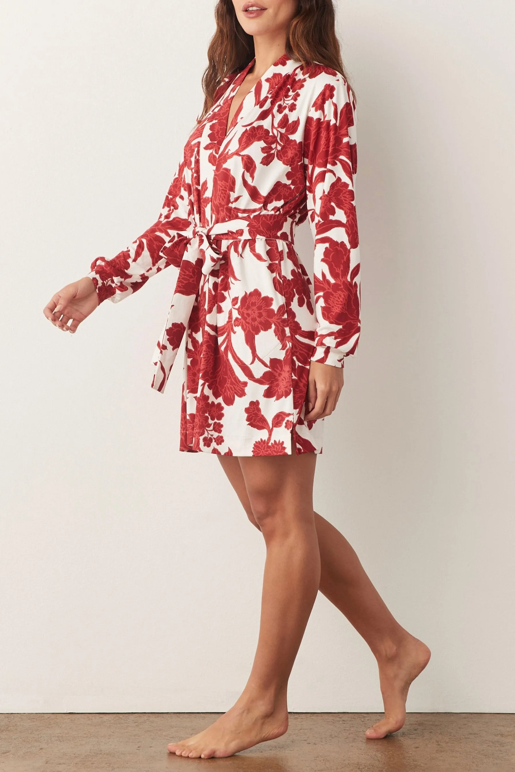 Quinn Banded Short Robe | Scarlet Floral