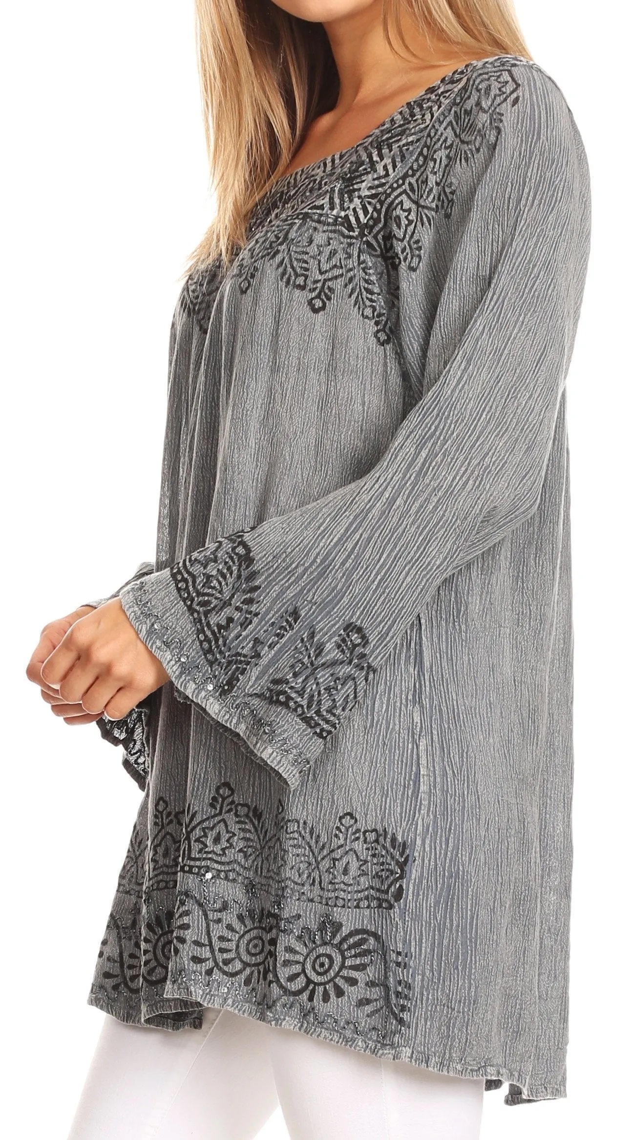 Sakkas Elena Tribal Nature Square Neck Bell Sleeve Stonewashed Top