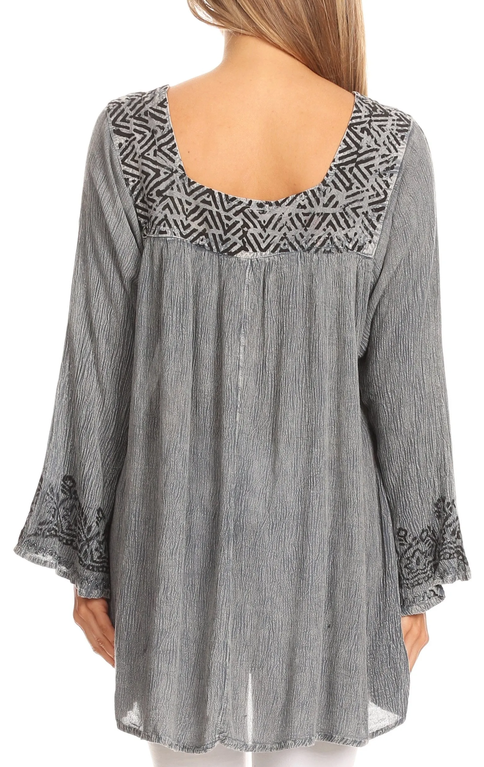 Sakkas Elena Tribal Nature Square Neck Bell Sleeve Stonewashed Top