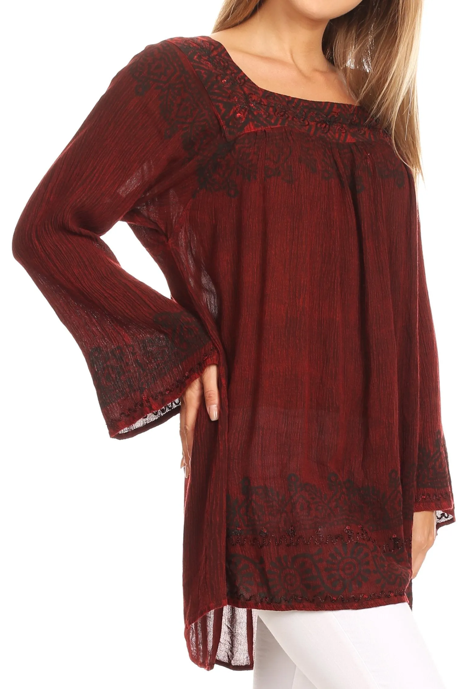 Sakkas Elena Tribal Nature Square Neck Bell Sleeve Stonewashed Top