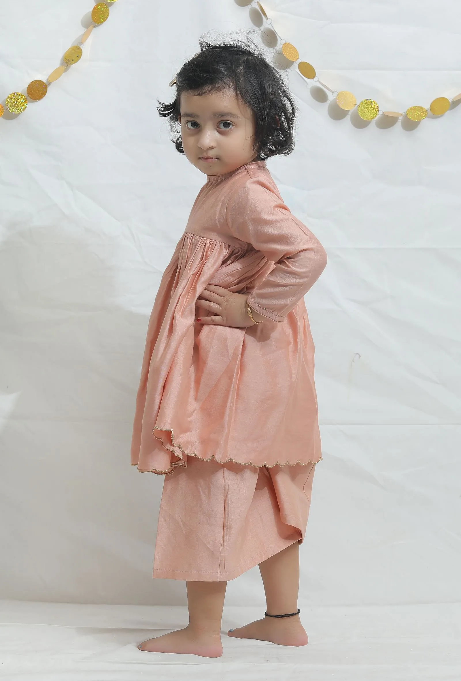 Set of 2: Peach Chanderi Full Kurti with Pants