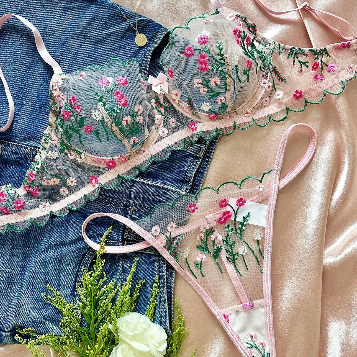 Sexy Honeymoon Floral Embroidery Lace Bralette Set