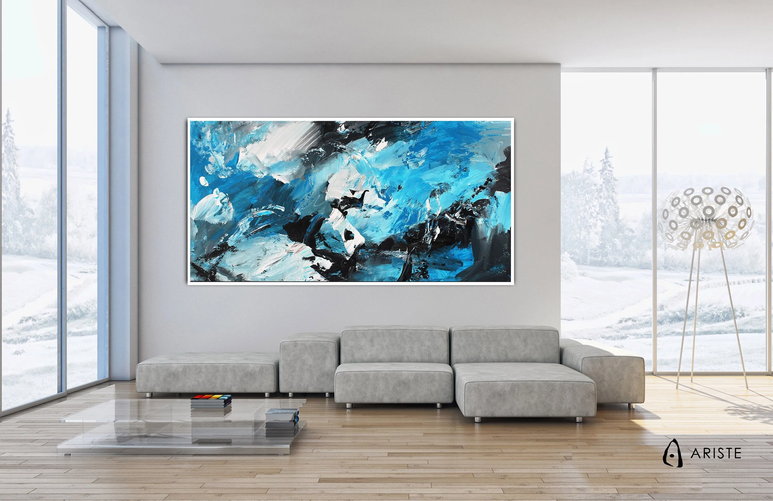 Sky blue & black extra large canvas wall art made to order in a custom size