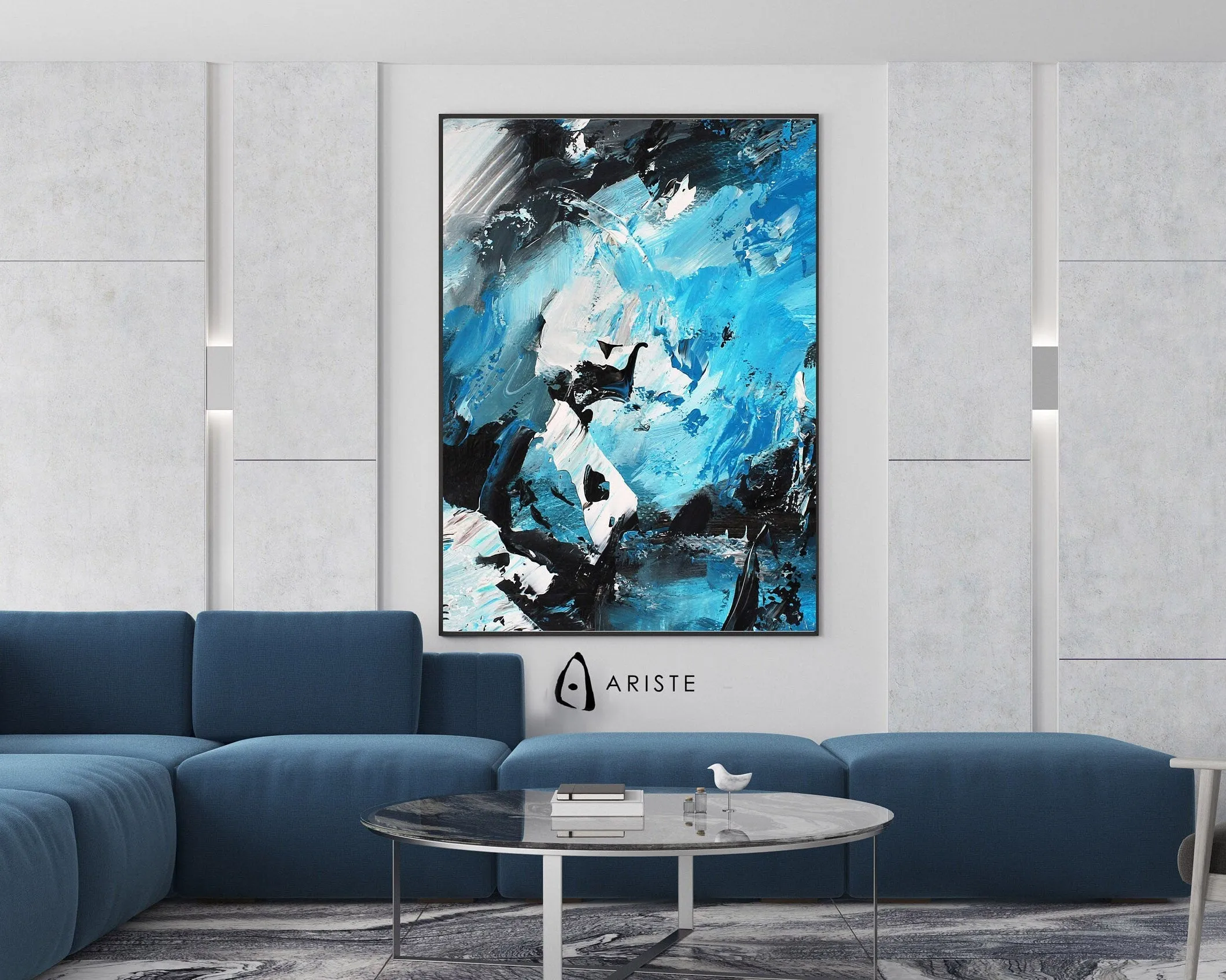 Sky blue & black extra large canvas wall art made to order in a custom size