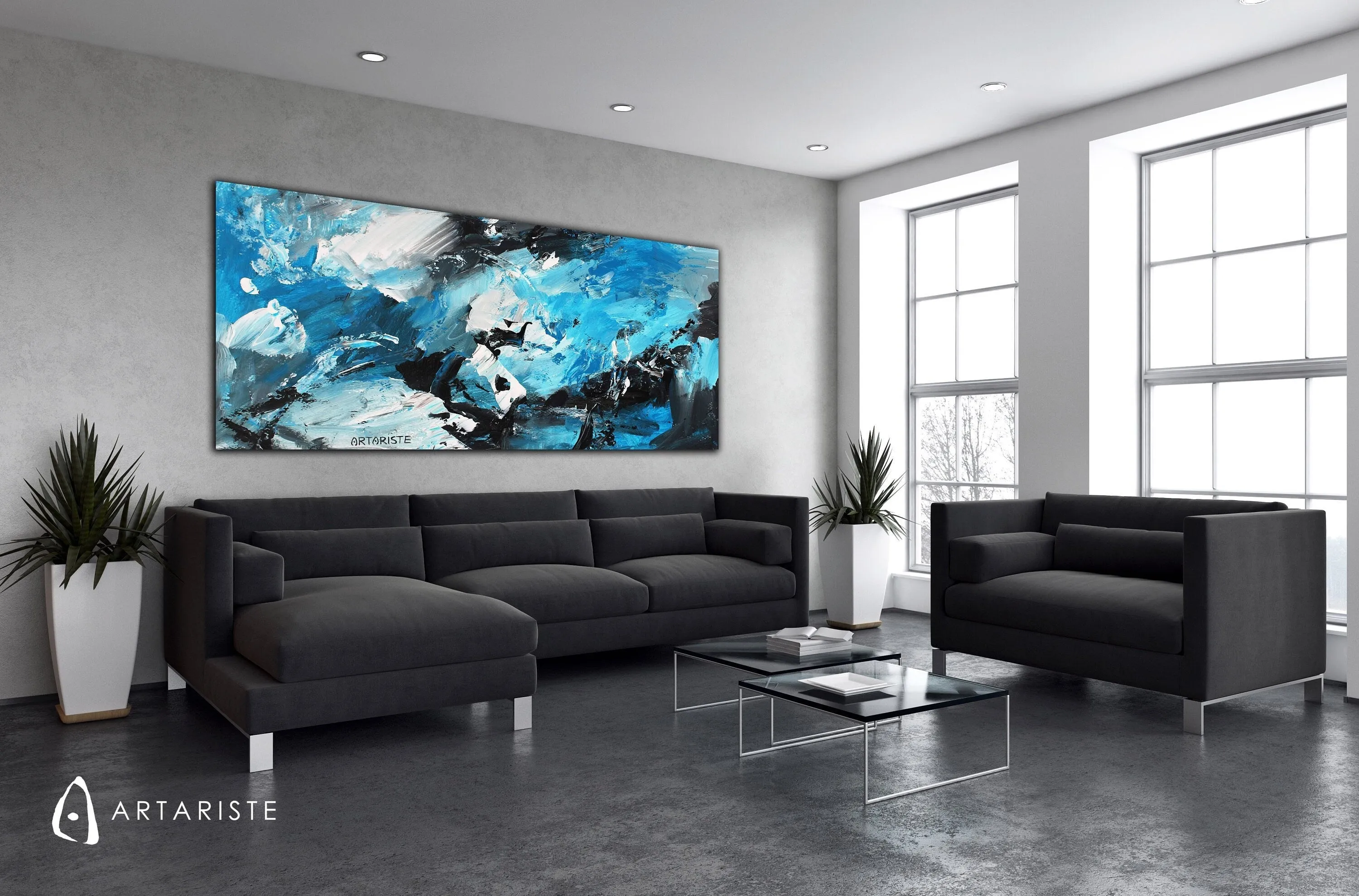 Sky blue & black extra large canvas wall art made to order in a custom size