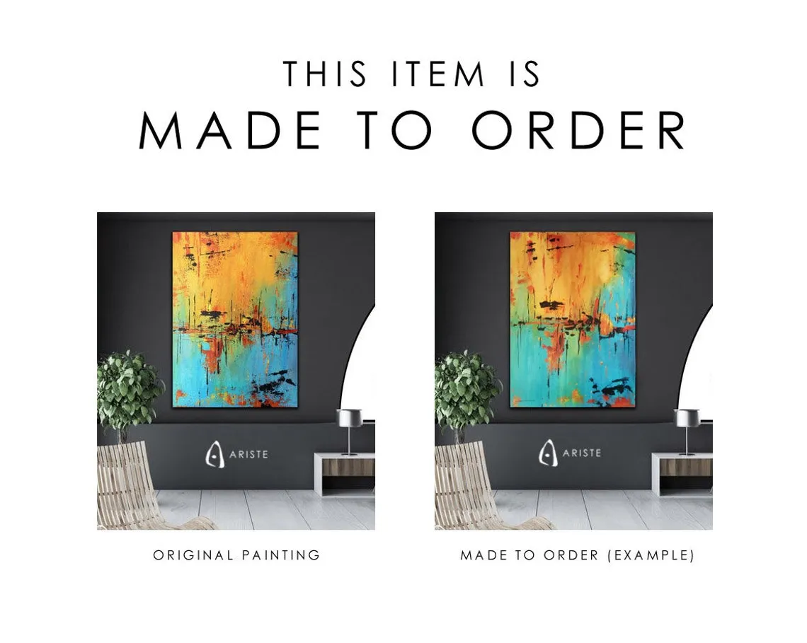 Smoky blue & orange extra large abstract wall art made to order in a custom size