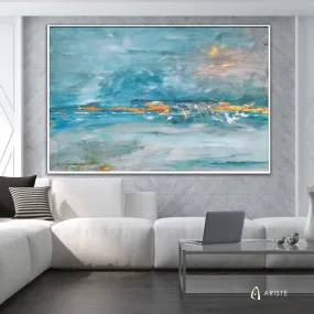 Teal blue & gold large abstract seascape painting made to order in a custom size