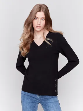 V-Neck Sweater with Grommet Detail - Black