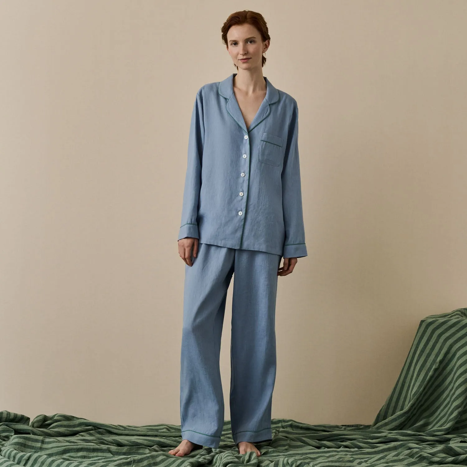 Wave Blue Linen Women's Pyjama Trouser Set