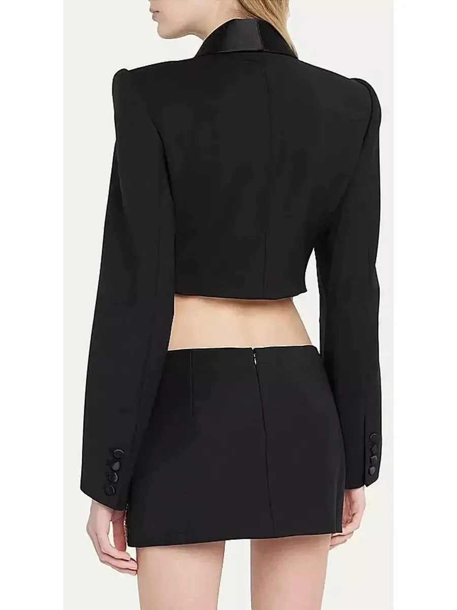 Women’s Bow-Embroidered Cropped Blazer and Mini Skirt Set in Black