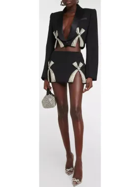 Women’s Bow-Embroidered Cropped Blazer and Mini Skirt Set in Black